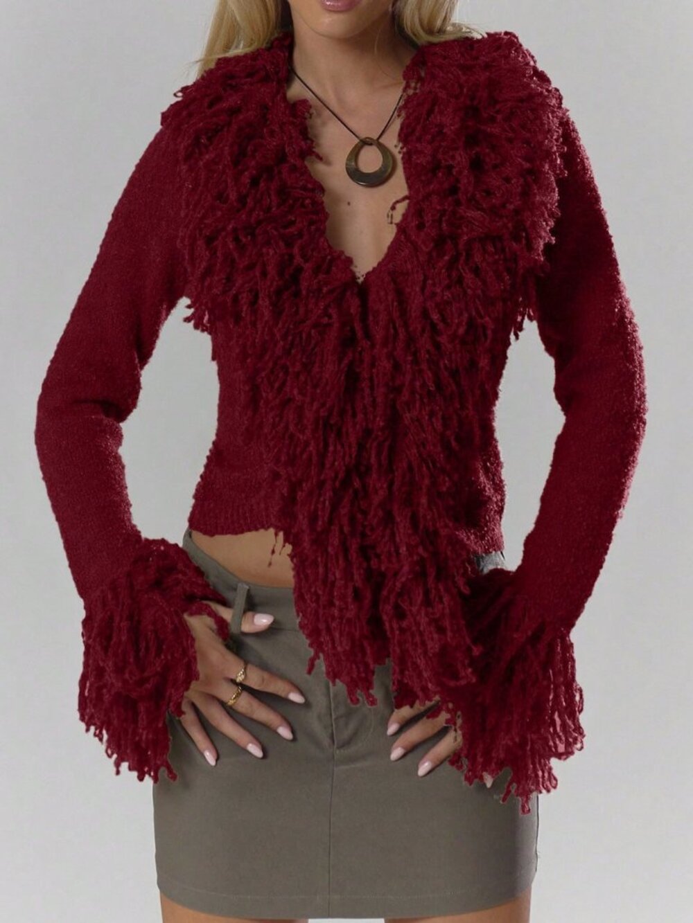 Burgundy Casual Women's Knit Shaggy Trim Fitted Cardigan Sweater